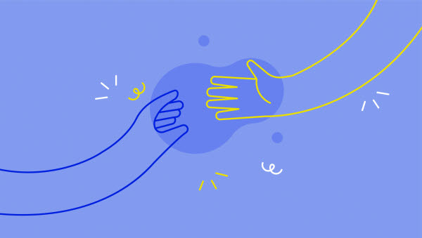 En illustration där en gul hand sträcker sig mot en mörkblå hand. Bakgrunden är lila.