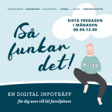 Tecknad bild där det står: Så funkar det! Tid för träffarna är sista fredagen i månaden klockan 09 till 13.