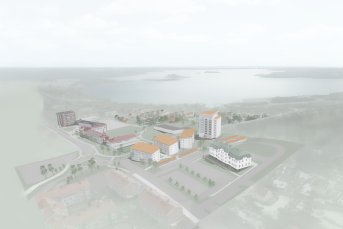 En illustration av en planerad stadsdel vid vatten, med flera byggnader som har orange tak och grönområden. Utsikten visar en ljus och dimmig atmosfär, där stadens layout och omgivande landskap kan ses.