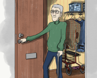 Illustration av man med käpp öppnar dörr