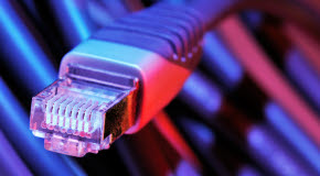 En nätverkskabel för internetanslutning i rött och blått sken.