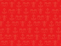 Röd bakgrund med ett svagt tonat mönster med händer, fyrar och ankare