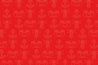 Röd bakgrund med ett svagt tonat mönster med händer, fyrar och ankare