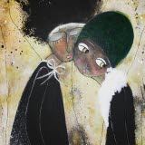Bilden föreställer  en tavla av Maud Salomonsson, två kvinnor som står mot varandra kind mot kind