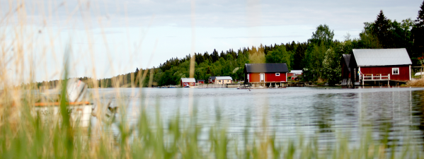 Bild på vattnet och stugor ute vid Åstön.