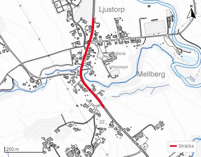 En del av Länsväg 681 markerad i rött.