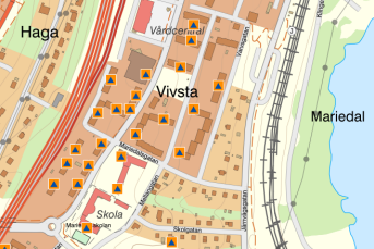 Bilden föreställer ett utdrag ur karta med skyddsrum