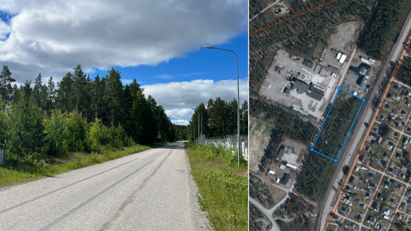 Två bilder bredvid varandra. Den ena är tagen längs med en väg. Den andra visar ett inramat kartområde i området Forsmon i Timrå.