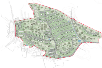 En detaljrik kartlayout som visar Solhöjdens detaljplan med gator, tomter och grönytor, avgränsad av en röd linje. Området innehåller träd, sjöar och en organiserad struktur för bostäder.