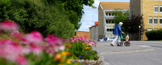 Bilden visar hus och en äldre dam med rullator