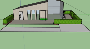 En digital ritning av ett hus med snedställt tak och många fönster. Ena husknuten är inglasad, utanför finns en uteplats omgiven av en grön häck.